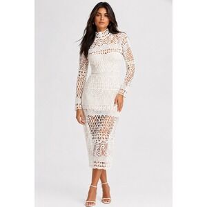 DIANA‎ White Mesh Lace Midi Dress High Neck Long Sleeve Sheer Overlay XS S